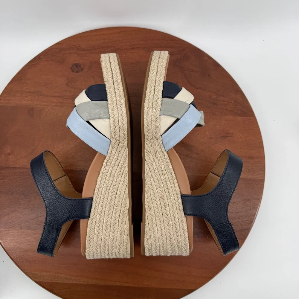 Vionic Saratoga Navy Multi Leather Espadrille Wedge Sandals Womens 11 Wide‎